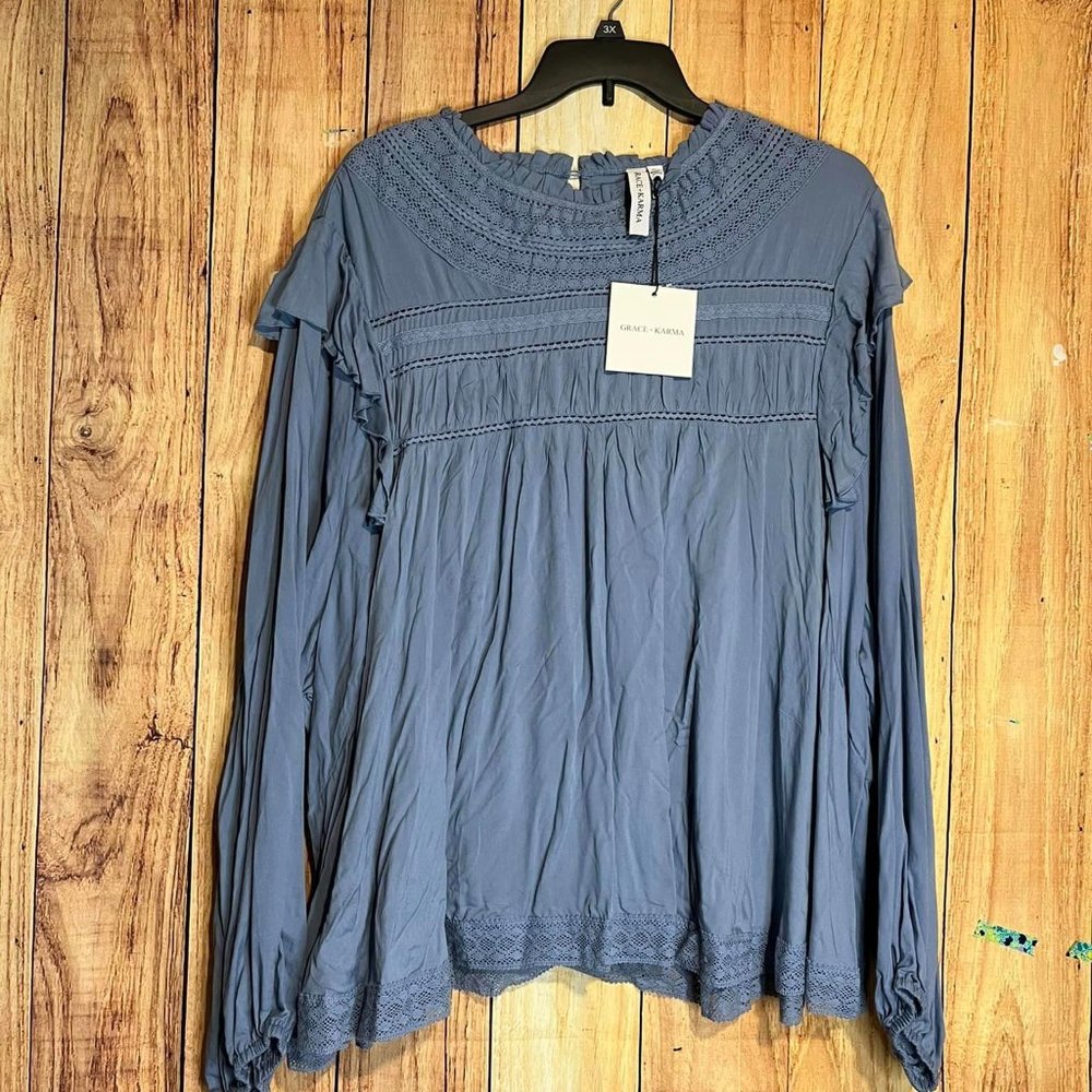 Grace & Karma Dusty Blue Ruffle Blouse